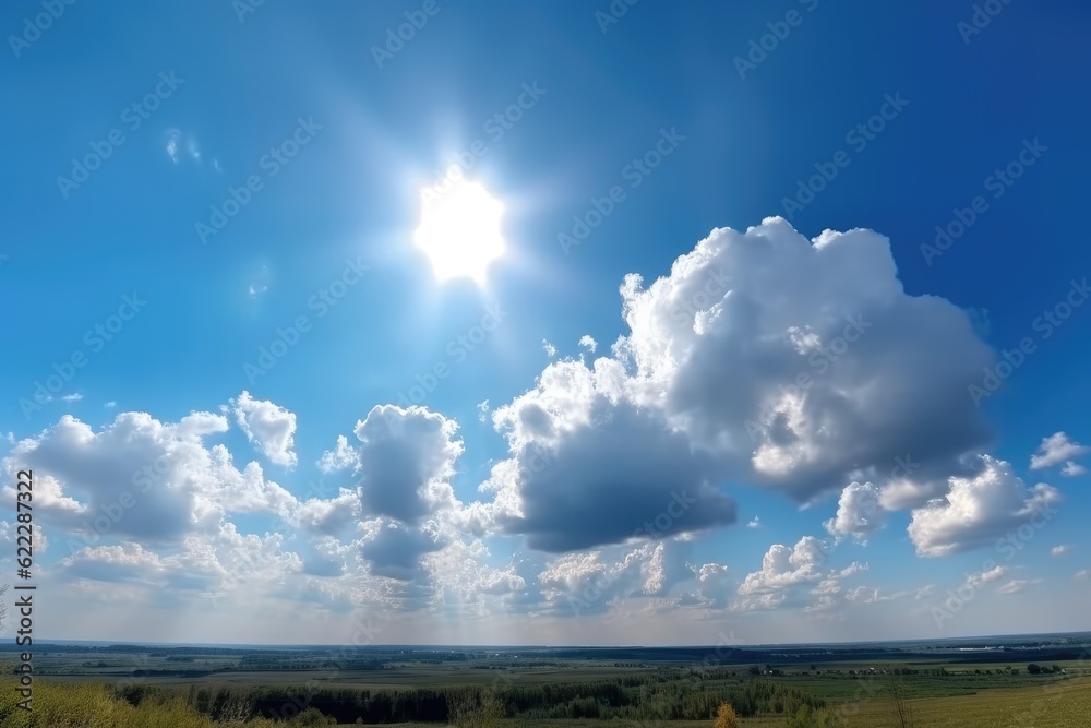 Beautiful bright blue sky with white clouds and bright sun. Ai generative. Beautiful bright blue sky with white clouds and bright sun. Ai generative.