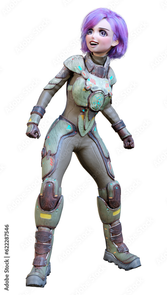 3D Rendering Anime Astronaut Girl on White