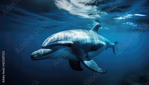 Blue marine wildlife Common bottlenose dolphin swimming underwater with sea life. Generative AI