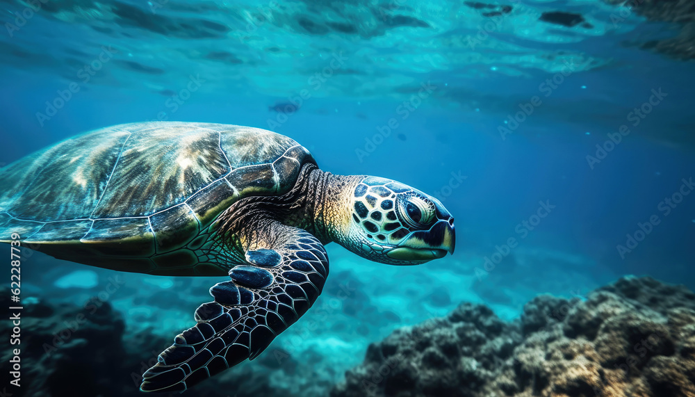 Fototapeta premium Marine creature in its natural habitat Loggerhead sea turtle explores the colorful coral reef mesmerizing sea turtle swimming amidst a vibrant coral reef, showcasing beauty marine life. Generative AI