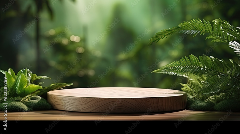 Wooden product display podium with falling green leaves on green background Wooden product display podium with falling green leaves on green background