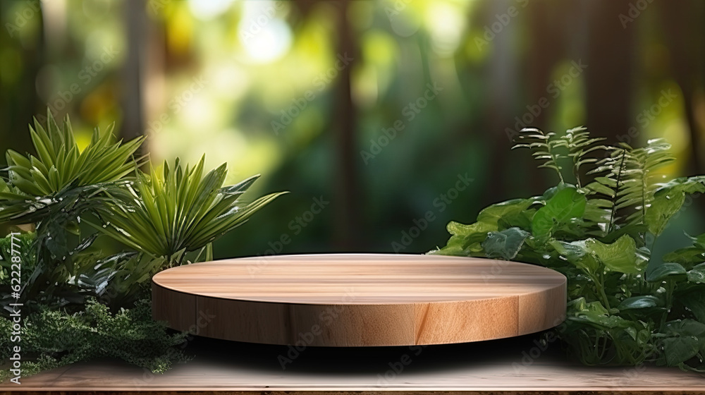 Wooden product display podium with falling green leaves on green background Wooden product display podium with falling green leaves on green background