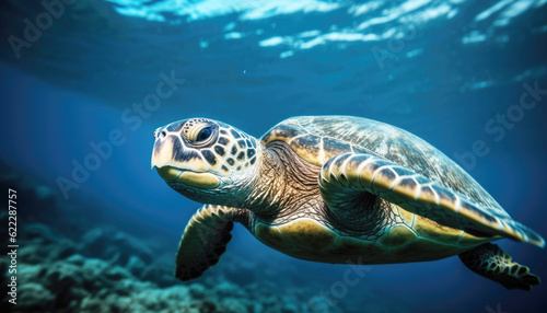Marine creature in its natural habitat Loggerhead sea turtle explores the colorful coral reef mesmerizing sea turtle swimming amidst a vibrant coral reef, showcasing beauty marine life. Generative AI © Virtual Art Studio