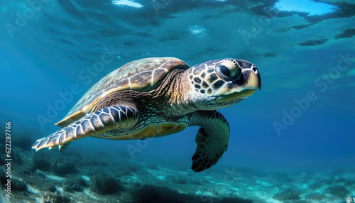 Marine creature in its natural habitat Loggerhead sea turtle explores the colorful coral reef mesmerizing sea turtle swimming amidst a vibrant coral reef, showcasing beauty marine life. Generative AI