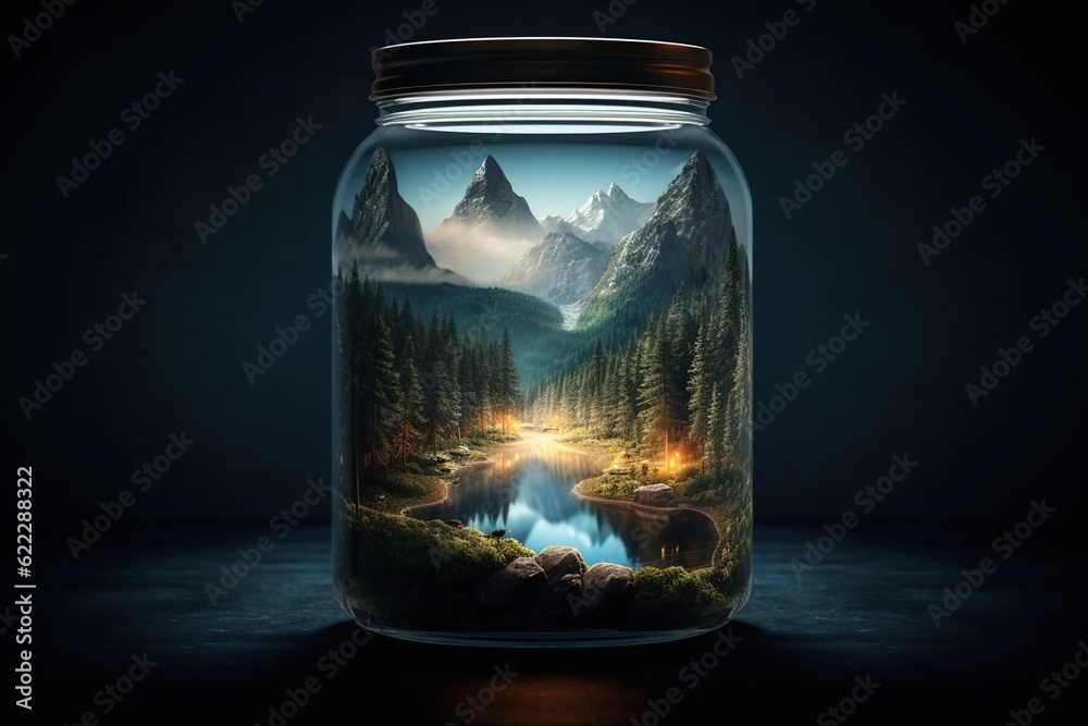 Mountains and trees and a lake contained inside a glass jar. Generative AI