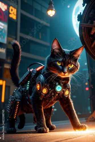 an extremely detailed biomechanical cyberpunk cat fighting with the enemy, glowing eyes, fantasy art, hyperrealism, polished, beautiful, radiant, colorful, intricate, vray, nvdia ray tracing, octane 
