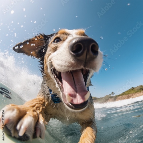 dog surfing on a wave , on ocean sea on summer vacation holidays. AI generative