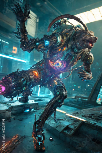 an extremely detailed biomechanical cyberpunk cat fighting with the enemy, glowing eyes, fantasy art, hyperrealism, polished, beautiful, radiant, colorful, intricate, vray, nvdia ray tracing, octane