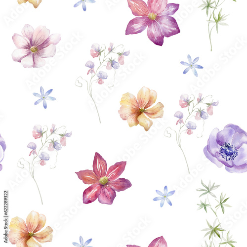 Watercolor Seamless Pattern with Wildflowers on the White Background.