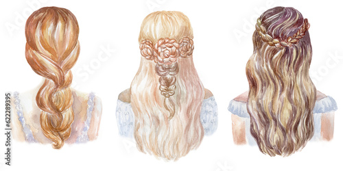 Set of Watercolor Women Heads with Hairstyling on the White Background.