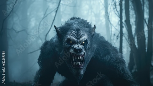 Fotografie, Obraz Woodland werewolf monstrosity lurking in the deepest darkest region of a scary c