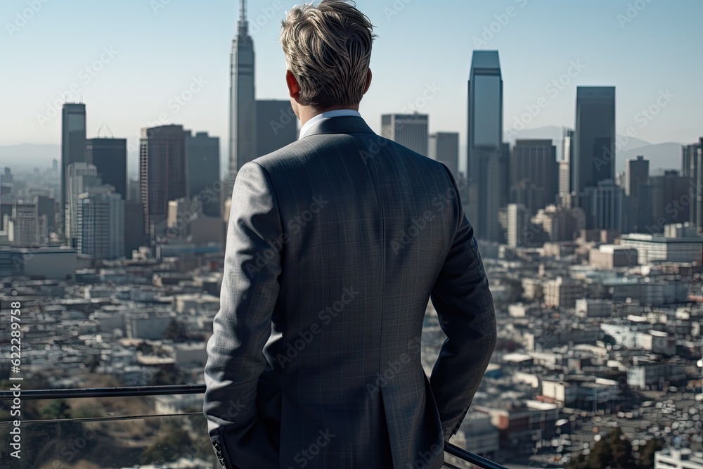 Handsome Businessman in Suit with City Skyline Background. Success and Professional Concept Handsome Businessman in Suit with City Skyline Background. Success and Professional Concept