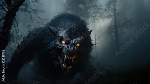 Woodland werewolf monstrosity lurking in the deepest darkest region of a scary cursed forest, vampiric lust for blood and malignant rabies infected madness overwhelms him at full moon - generative AI photo
