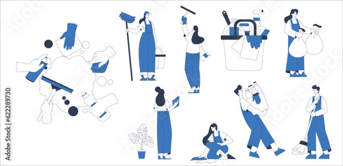 Cleaning Service with Professional Worker Characters Vector Set