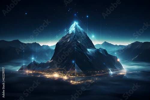 The mountain peak represents the ultimate success and accomplishment in the age of digital transformation. Employing innovative strategies to change the business environment. Generative AI 