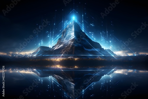 The mountain peak represents the ultimate success and accomplishment in the age of digital transformation. Employing innovative strategies to change the business environment. Generative AI  