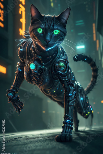 an extremely detailed biomechanical cyberpunk cat fighting with the enemy, glowing eyes, fantasy art, hyperrealism, polished, beautiful, radiant, colorful, intricate, vray, nvdia ray tracing, octane 