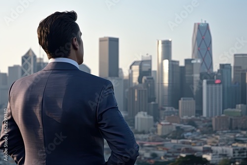 Handsome Businessman in Suit with City Skyline Background. Success and Professional Concept © Thares2020