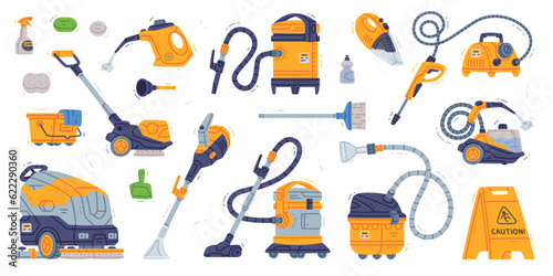 Professional Cleaning Equipment with Vacuum Cleaner Machine Vector Set