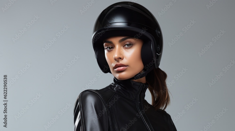 Portrait of confident motorcyclist woman in motorcycle helmet on white background. Portrait of confident motorcyclist woman in motorcycle helmet on white background.