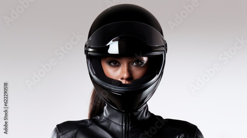 Portrait of confident motorcyclist woman in motorcycle helmet on white background.