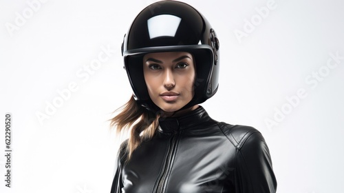 Portrait of confident motorcyclist woman in motorcycle helmet on white background.