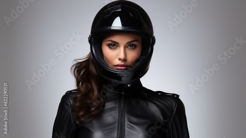 Portrait of confident motorcyclist woman in motorcycle helmet on gray background.