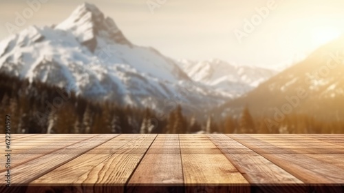 Empty wooden table top with blur background of Snowy mountains and trees © Ai Expert