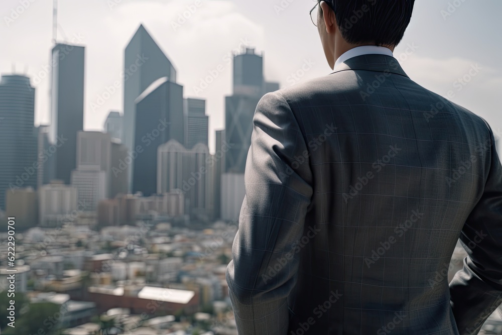 Handsome Businessman in Suit with City Skyline Background. Success and Professional Concept Handsome Businessman in Suit with City Skyline Background. Success and Professional Concept