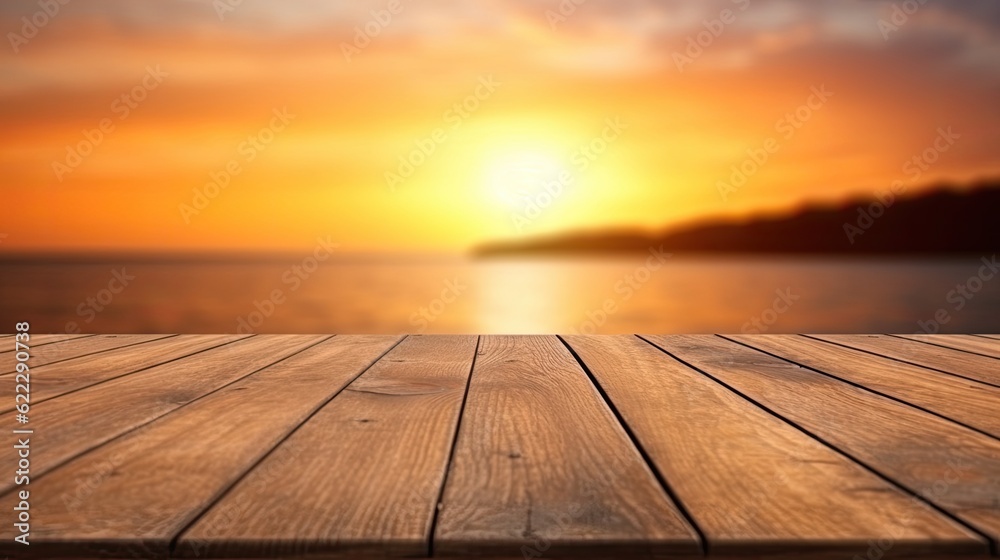 Empty wooden table top with blur background of Sunset time