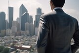 Handsome Businessman in Suit with City Skyline Background. Success and Professional Concept