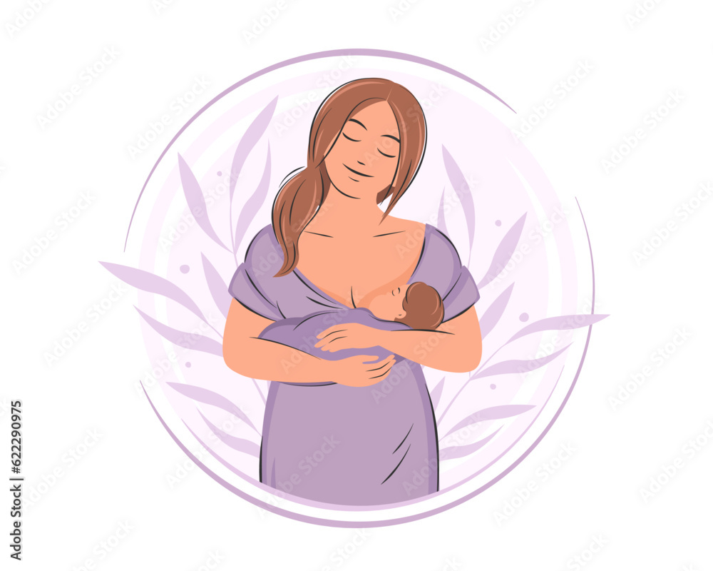 Woman breastfeeding her baby. Motherhood and breastfeeding concept. Vector illustration.