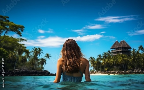 A woman sitting on a rock looking out at the ocean. AI