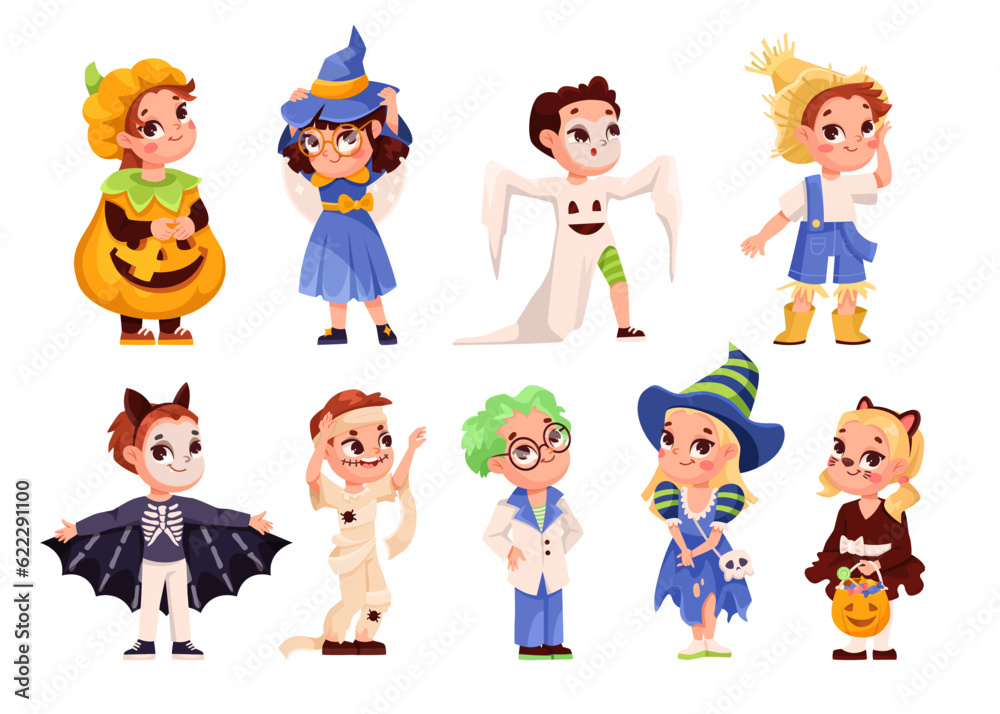 Children in Bright Halloween Costumes Celebrate Holiday Vector Set Children in Bright Halloween Costumes Celebrate Holiday Vector Set