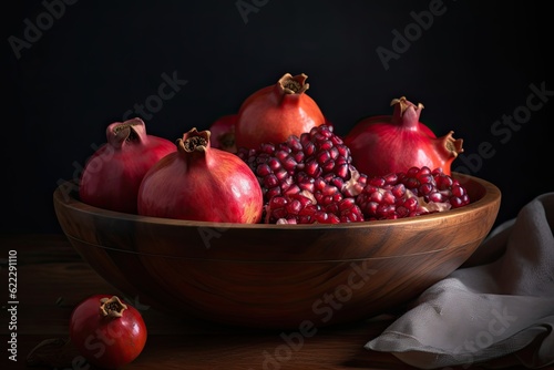 Pomegranates in a wood bowl. AI generative