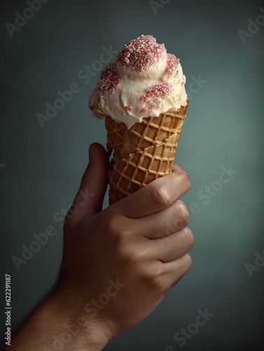 Hand of man holding ice cream. AI generative