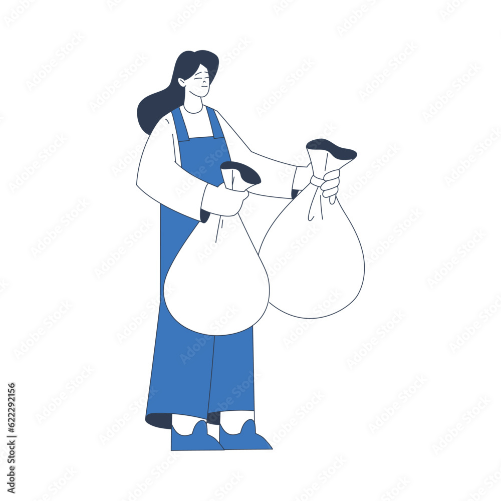 Cleaning Service with Professional Woman Worker Character Standing with Garbage Sack Vector Illustration Cleaning Service with Professional Woman Worker Character Standing with Garbage Sack Vector Illustration