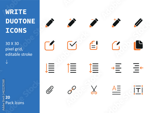 Write Duotone Icon Set, Minimal Vector Illustration, Simple Outline Sign of UI/UX, Editable Stroke