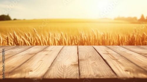 Empty wooden table top with blur background of wheat fields