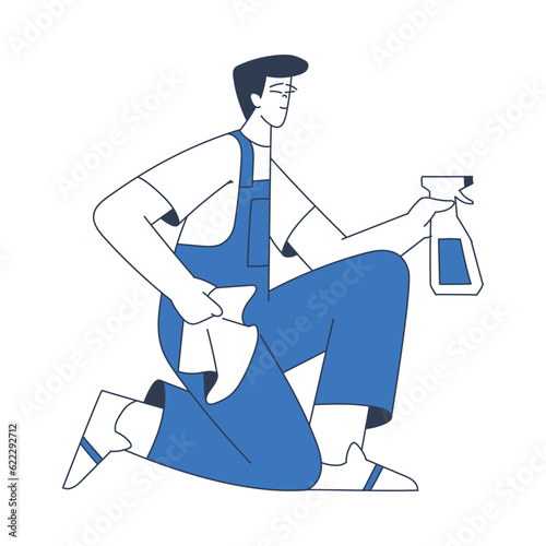 Cleaning Service with Professional Man Worker Character with Wipe and Spray Vector Illustration
