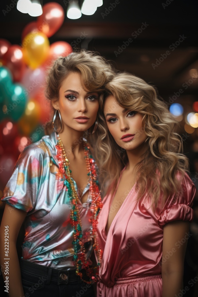 Portrait of two beautiful elegant women, party style, retro 70s style.