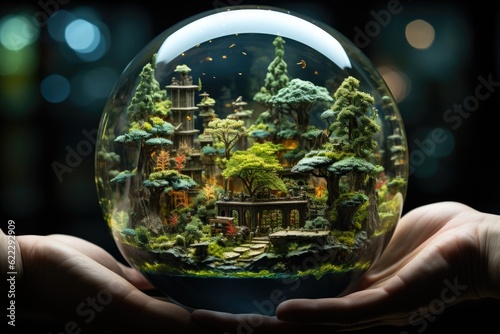 A green sustainable renewable future. A chrystal ball to look at the future. Hands holding it.