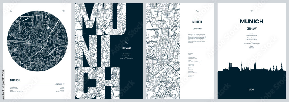 Naklejka premium Set of travel posters with Munich, detailed urban street plan city map, Silhouette city skyline, vector artwork