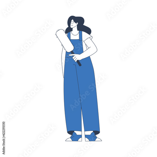 Cleaning Service with Professional Woman Worker Character Standing with Duster Brush Vector Illustration