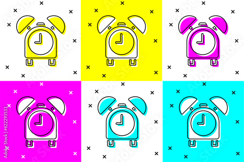Set Alarm clock icon isolated on color background. Wake up, get up concept. Time sign. Vector