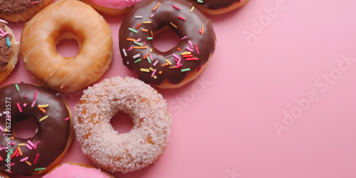 Tasty donuts on a pink background. Free space. National Donut Day concept. photo