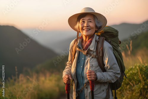 Active retired Asian woman hiking outdoors in mountains in fall