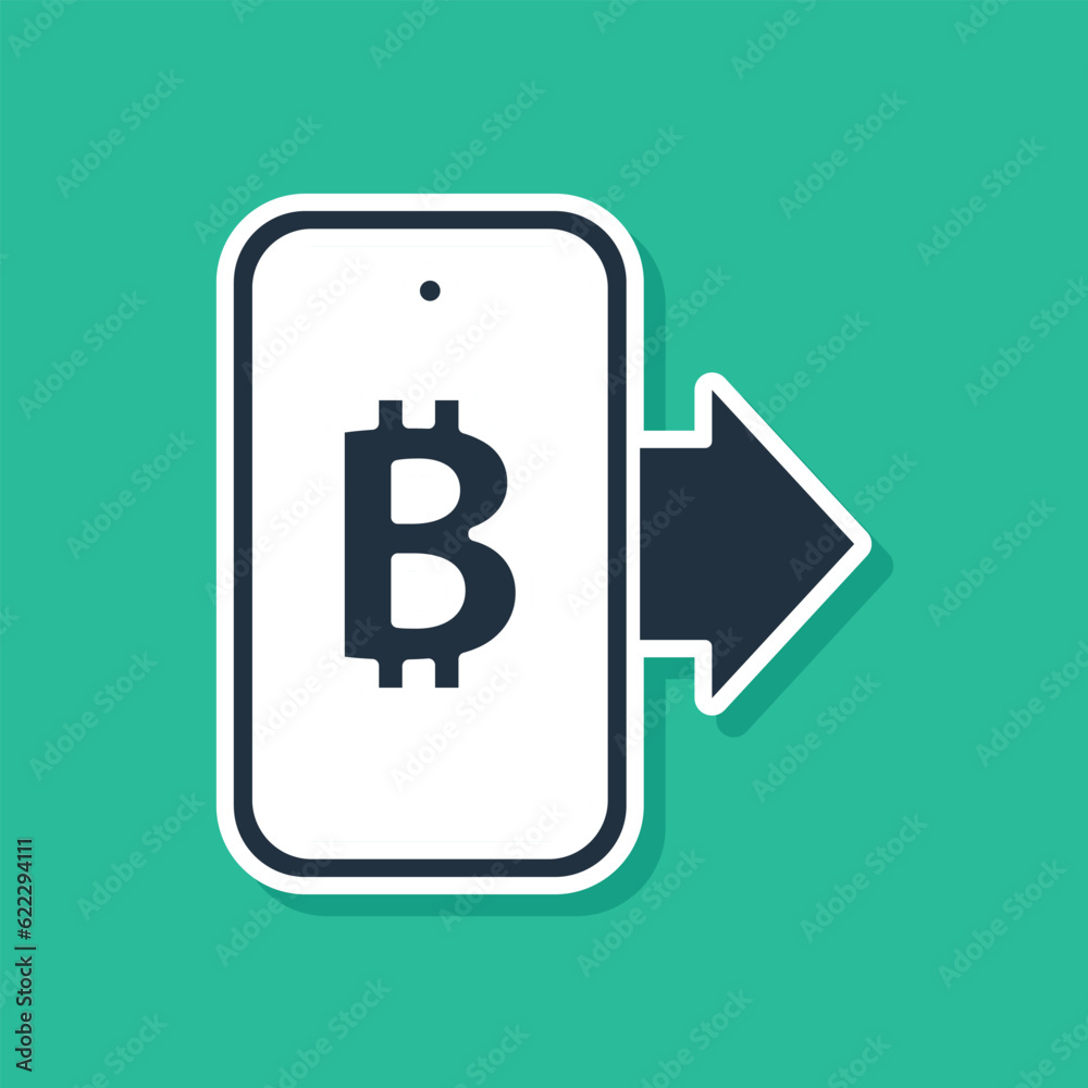 Blue Mining bitcoin from mobile icon isolated on green background. Cryptocurrency mining, blockchain technology service. Vector