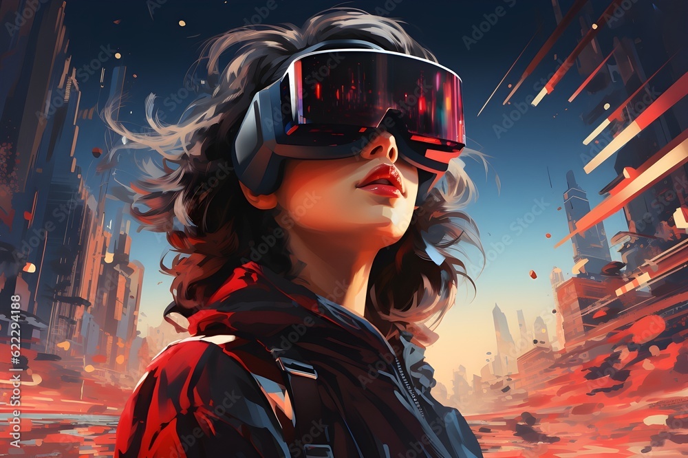 Enthusiastic young woman wearing VR goggles in the metaverse. Metaverse concept and virtual world elements. Illustration of a woman with VR glasses in cyberspace.Generative AI Enthusiastic young woman wearing VR goggles in the metaverse. Metaverse concept and virtual world elements. Illustration of a woman with VR glasses in cyberspace.Generative AI