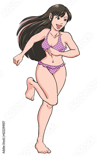 +水着ではしゃいでいる・走っている若い女の子_ピンクビキニ